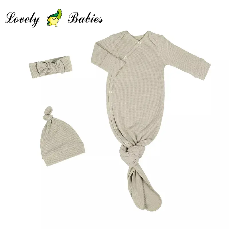 1556955720645550082-25 Custom Waffle fabric newborn baby sleeper solid color baby sleeping gown hat headband set - Image 1