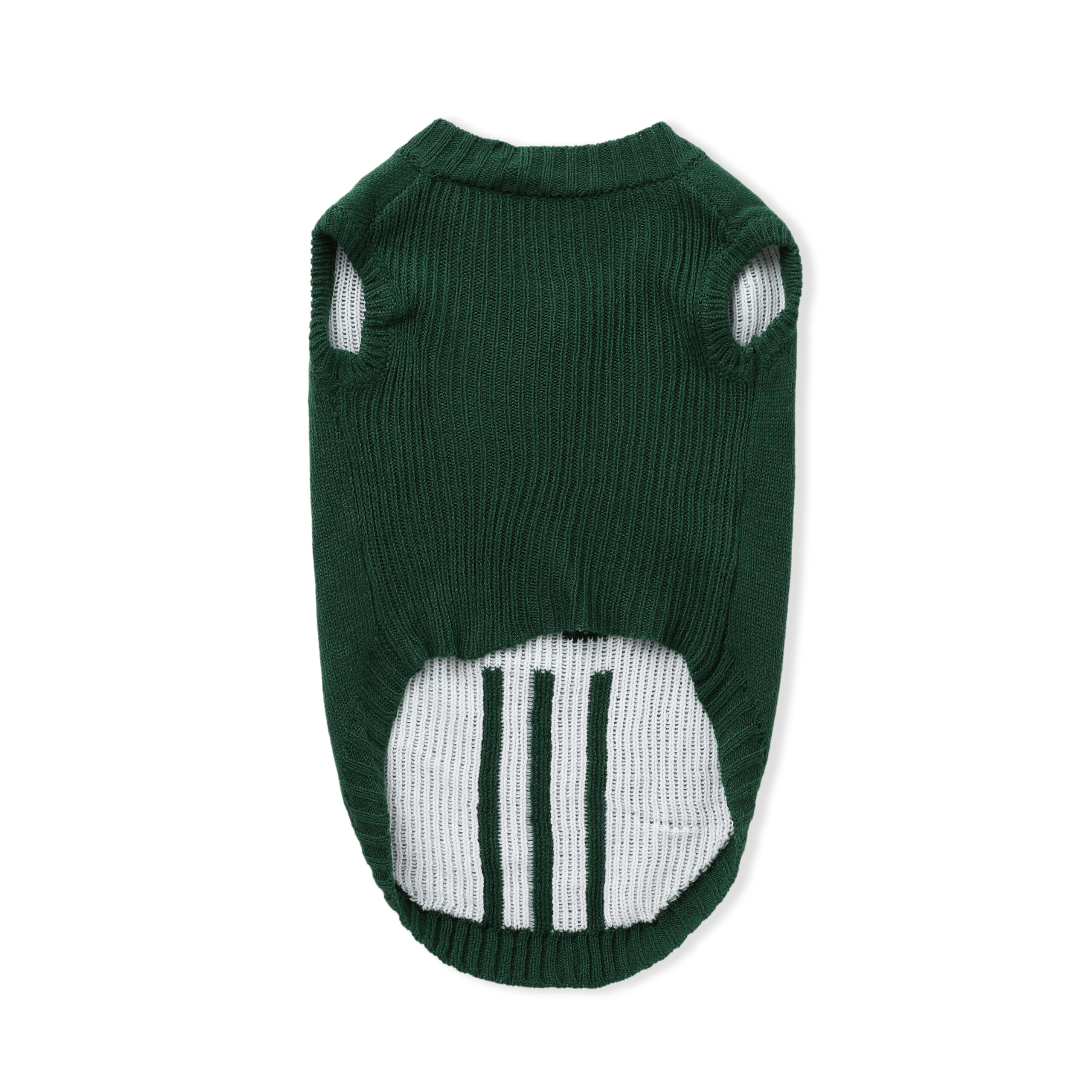 322309016 "LOVE" Green Striped Knit Dog Sweater - Warm Sleeveless Pet Pullover - Image 1
