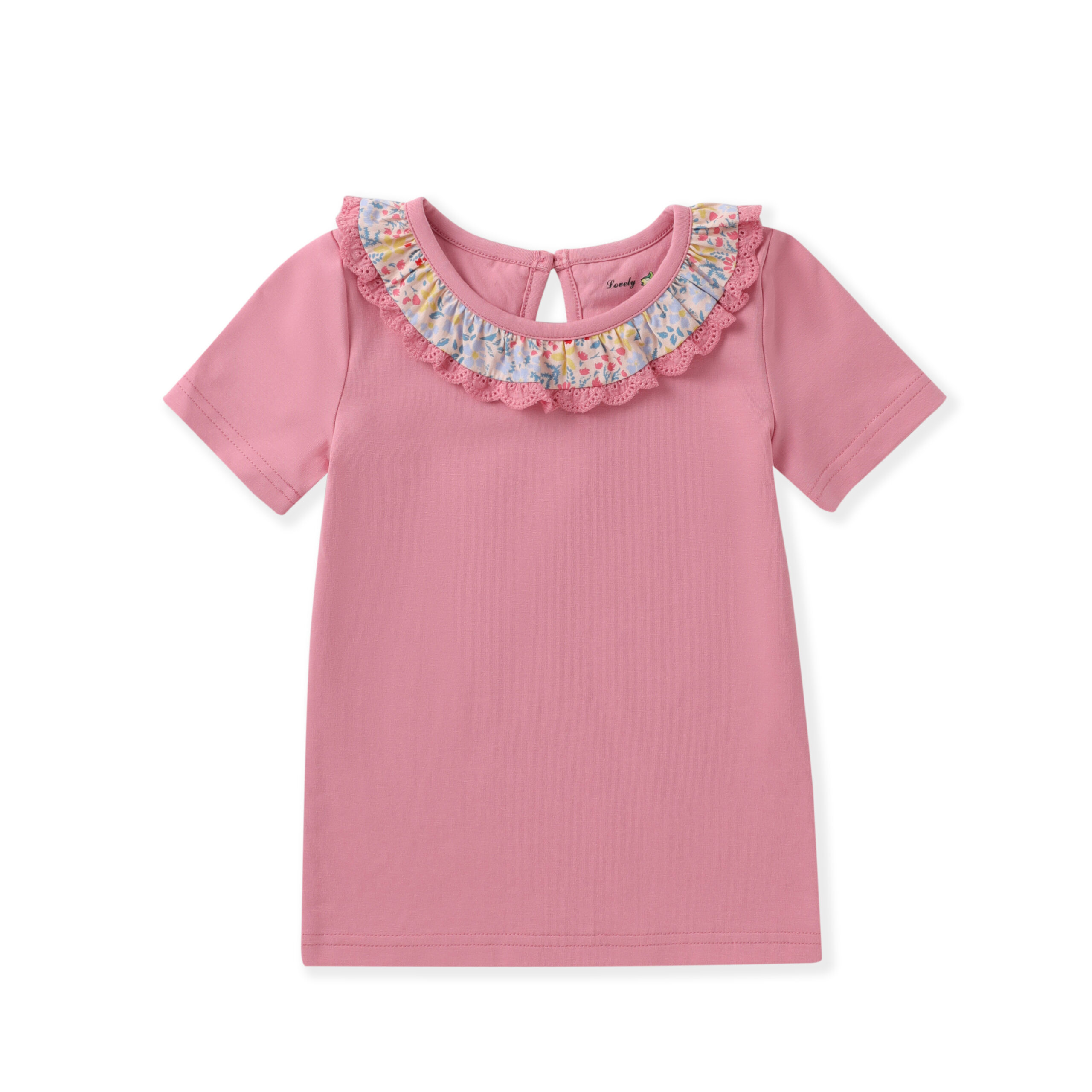 371A7887 Soft Cotton-Blend Short-Sleeve Tee with Floral Lace Collar Trim - Image 1